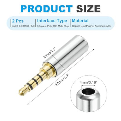 MECCANIXITY 2Pcs 3.5mm Replacement Repair Plug Jack, 4 Pole Metal Stereo Male Plug 3.5mm Solder DIY Audio Cable Connector for Headphone Earphone Microphone Cable Repair, Bright Silver - color: Bright Silver