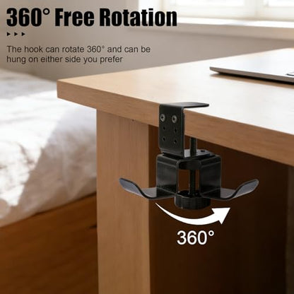 2pcs Heavy Duty Desk Clamp Hook, Carbon Steel 360° Rotating Under Desk Table Bag Hook Clamp on Hanger Office Gaming Accessories for Umbrellas Backpack Headphone Purse (Black)