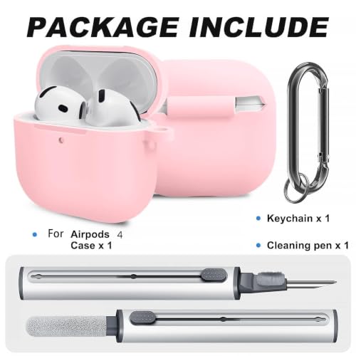 Silicone Case Cover for AirPods 4th Gen, Soft Skin, Full Protection, Keychain, Cleaner Kit (Pink) - color: A4-Pink