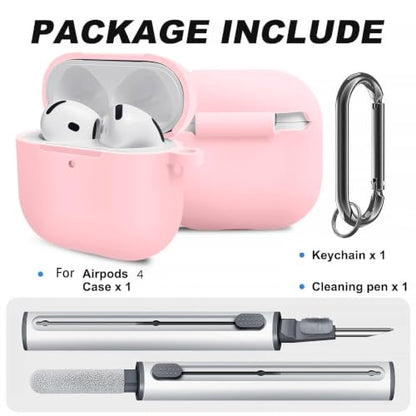 Silicone Case Cover for AirPods 4th Gen, Soft Skin, Full Protection, Keychain, Cleaner Kit (Pink) - color: A4-Pink