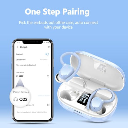 Ear buds Wireless Bluetooth Earbuds Sport 128H Playtime 2026 NEW Bluetooth 5.3 Headphones with LED Display Powerful Bass Over Ear Earphones with Earhooks IP7 Waterproof for Gym/Running/Workout - color: Sky blue