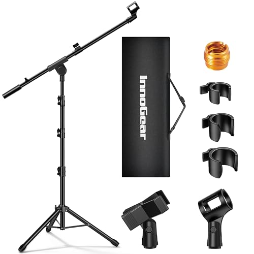 InnoGear Mic Stand Tripod Boom Arm Floor Microphone Stand Height Adjustable | Fast Assembly, Carrying Bag Included, Max Height 89.8", Work with Blue Yeti Shure Fifine, Heavy Duty, for Singing Podcast
