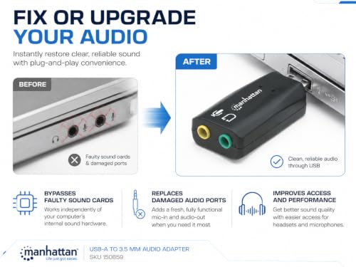 Manhattan USB Audio Adapter External Stereo Sound Card - with 3.5mm Headphone and Microphone Jack - Plug and Play, No Drivers Needed, 3D Sound - for Windows and Mac – 3 Yr Mfg Warranty – 150859 | USB sound card with mic input and speaker output, plug-and-