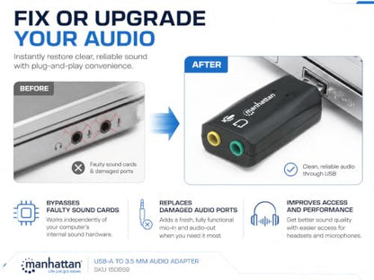 Manhattan USB Audio Adapter External Stereo Sound Card - with 3.5mm Headphone and Microphone Jack - Plug and Play, No Drivers Needed, 3D Sound - for Windows and Mac – 3 Yr Mfg Warranty – 150859 | USB sound card with mic input and speaker output, plug-and-