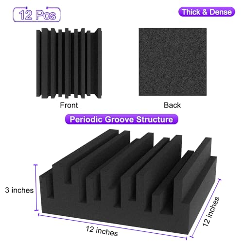 TroyStudio Thick Acoustic Foam Panels, 12 X 12 X 3 Inch 12 Pcs Broadband Sound Absorbing Foam, Dense Soundproof Padding Tile, Recording Studio Foam Absorber, Groove Decorative 3D Wall Ceiling Panel - size: 12 pcs