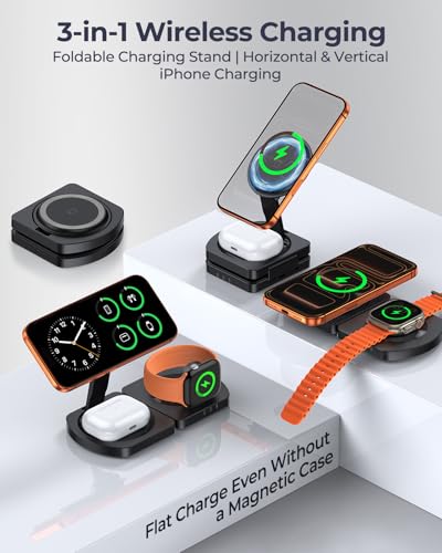 Wireless Charger for iPhone, 3-in-1 Magnetic Charging Station, Foldable - color: Apple Black