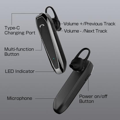 Bluetooth Headset, V5.3 Wireless Handsfree Earpiece with Noise Cancelling Mic, 33 Hours Talking Time, Single Ear Headset Compatible with iPhone Android Cell Phones for Driving Business（Black）