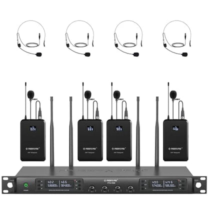 Phenyx Pro 4-Channel UHF Auto Scan Wireless Microphone System PTU-7000-4B | 4 Bodypacks, Headset/Lapel Mics, 4 x 40 Frequencies, Up to 328 ft Open-Area Range, Speaking, Church, Meetings, Weddings