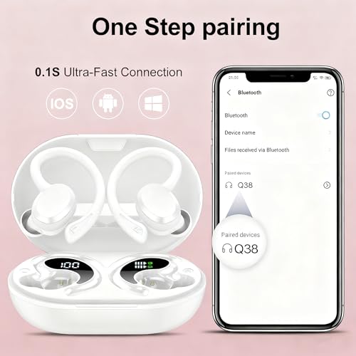 sprtoybat Wireless Earbuds, 2026 New Bluetooth 5.4 Headphones Sport Earphones with 68Hrs Playtime LED Display ENC Noise Cancelling Mic, IPX7 Waterproof Over Ear Ear Buds with Hook for Sports/Running - color: Elegant White