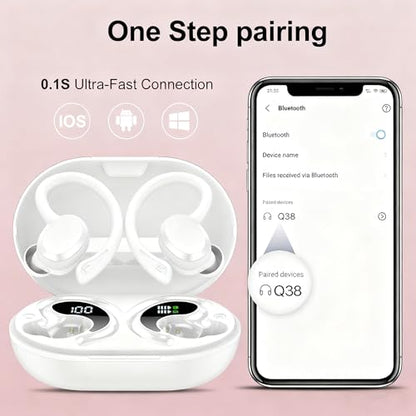 sprtoybat Wireless Earbuds, 2026 New Bluetooth 5.4 Headphones Sport Earphones with 68Hrs Playtime LED Display ENC Noise Cancelling Mic, IPX7 Waterproof Over Ear Ear Buds with Hook for Sports/Running - color: Elegant White