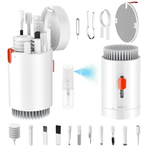 Tounee Keyboard Cleaner Kit, Electronics Cleaning Kit with Retractable Big Brush, Portable, 20 in 1 Multi-Tool Kit for Phones, Tablet, Computer, PC Monitor,TV Camera Lens with 2.5ml Mist Spray (White) - color: White