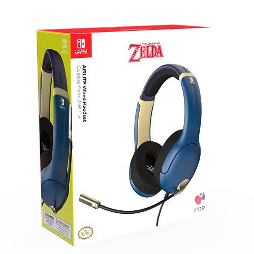 PDP Airlite Wired Gaming Headset for Nintendo Switch 2, Switch Lite, OLED | Flexible Noise-Cancelling Mic, Lightweight Design, Soft Ear Cushions, On-Ear Volume Controls, Zelda Hyrule Blue Edition - color: Blue and Gold