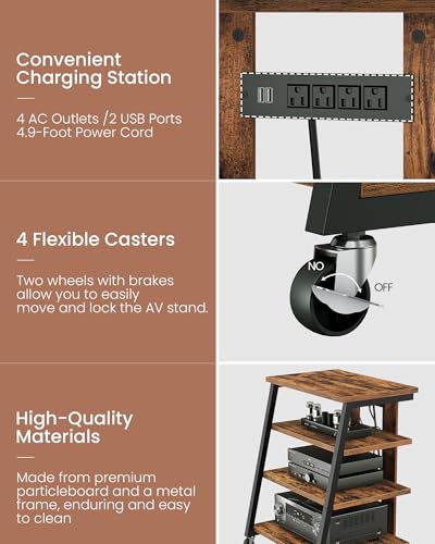 CHOEZON 4-Tier AV Media Stand with Wheels, Stereo Stands, Media Console Shelf with Power Strips, LED Lights, Wooden Audio Cabinet Rack Tower, Rustic Brown and Black TCJ60UDBF