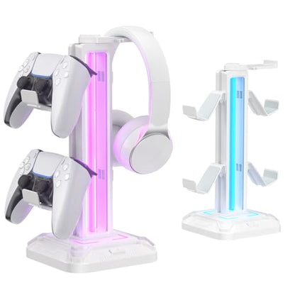 KDD RGB Headset Stand with 9 Light Modes - Controller Holder for Desk - Rotatable Headphone Stand & Detachable Controller Hook for PC Earphone Accessories(White) - color: White