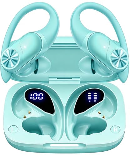 PocBuds Bluetooth Headphones Wireless Earbuds 80hrs Playtime Wireless Charging Case Digital Display Sport Ear buds with Earhook Deep Bass IPX7 Waterproof Over-Ear Earphones for Phone Laptop Mint Green - color: Mint Green, style: AI Buds Pro