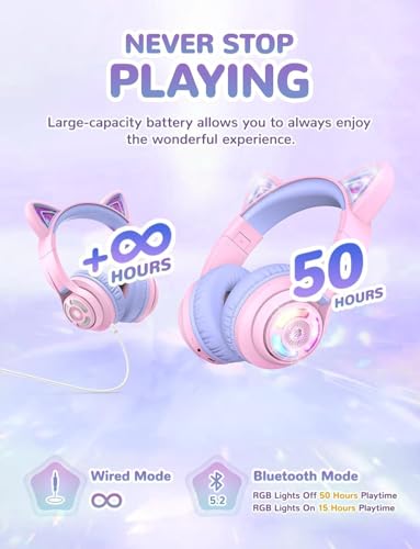 iClever BTH13 Kids Bluetooth Headphones for Girls, LED Cat Ear Travel Gift | SafeSound Tech, 50H Playtime, USB C Charging, AUX Cable, Stereo Sound, Kids Headphones Wireless with Mic for Tablet, Purple - color: Light Purple