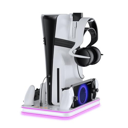 PS5 Pro/Slim/PS5 Stand and Cooling Station with RGB Lighting,Charging Station for PlayStation Portal & P5 Controller, PS Portal Charger,Headset and Remote Holders(White) - color: White