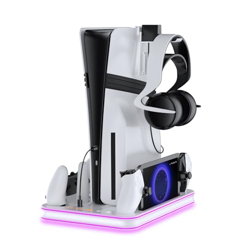 PS5 Pro/Slim/PS5 Stand and Cooling Station with RGB Lighting,Charging Station for PlayStation Portal & P5 Controller, PS Portal Charger,Headset and Remote Holders(White) - color: White