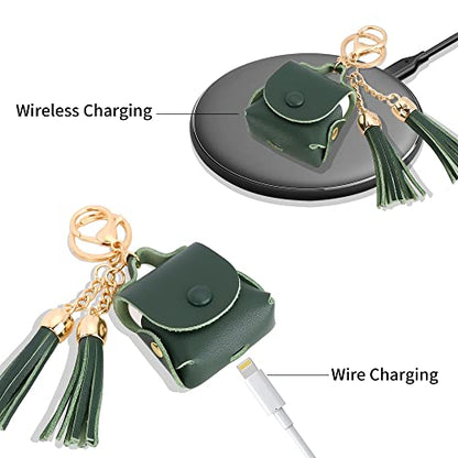 MODOS LOGICOS Charging Case Cover for Apple Air Pods, Genuine Leather Case with a Couple of Drooping Tassels for Apple AirPods 1/2 Charging Case - Green - color: Green(GenuineLeather)