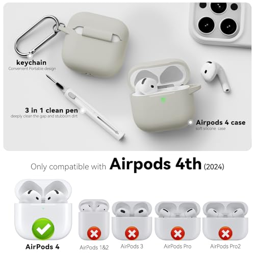 for AirPods 4 Case 2024 with Cleaner Kit & Keychain-Khaki | Silicone Protective Cover for Apple AirPods 4th Generation Case,for Women Men,One-Piece Design,Shockproof,Dust Proof - color: D-Khaki