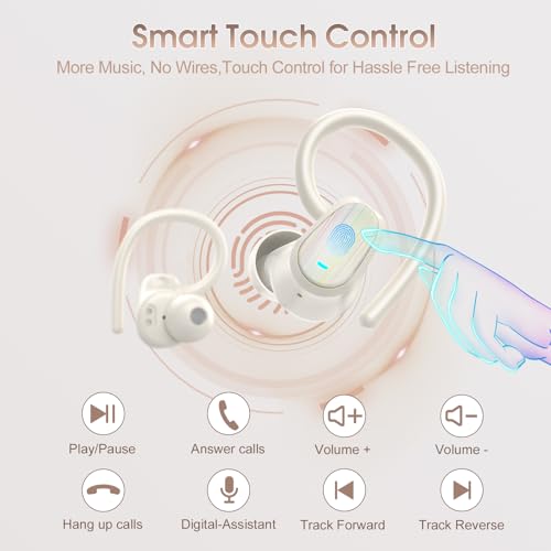Wireless Earbuds, Bluetooth 5.4 Headphones Sport, Over Ear Buds with ENC Noise Canceling Mic, Deep Bass Stereo Ear Buds with Hook, 50H Playback, LED Display, IP7 Earphones for Workout Running, White | 50H Playback, IP7 Waterproof Earphones for Workout Run