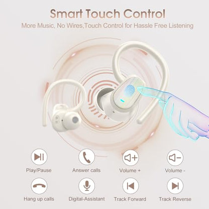 Wireless Earbuds, Bluetooth 5.4 Headphones Sport, Over Ear Buds with ENC Noise Canceling Mic, Deep Bass Stereo Ear Buds with Hook, 50H Playback, LED Display, IP7 Earphones for Workout Running, White | 50H Playback, IP7 Waterproof Earphones for Workout Run