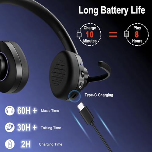 Wireless Bluetooth Headset with CVC8.0 Noise-Cancelling Mic for Work | Microphone Mute, Class 1 V5.1 Bluetooth Headphone for Ms Teams Zoom Home Office Computer Cell Phone Laptop, 30H+ Talking Time
