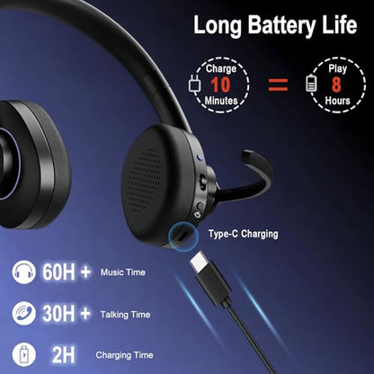 Wireless Bluetooth Headset with CVC8.0 Noise-Cancelling Mic for Work | Microphone Mute, Class 1 V5.1 Bluetooth Headphone for Ms Teams Zoom Home Office Computer Cell Phone Laptop, 30H+ Talking Time