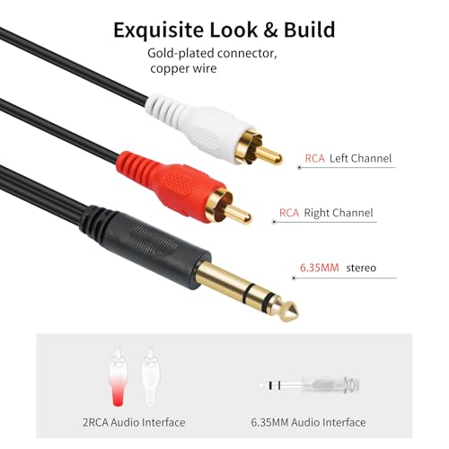 Gold-Plated 6.35mm 1/4 inch Male TRS Stereo Plug to 2 RCA Phono Male Audio Y Splitter Cable,Connector Wire Cord Plug (1.5M) - size: 6.35-TRS-2RCAM