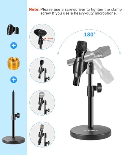 3 in 1 Desktop Microphone Stand, Height Adjustable Table Mic Stand | Iron material, 1lbs Round Base, with Mic Clip, Cell Phone Clip, 5/8" to 3/8" Metal Adapter for Podcast Livestream Recording - size: 101S