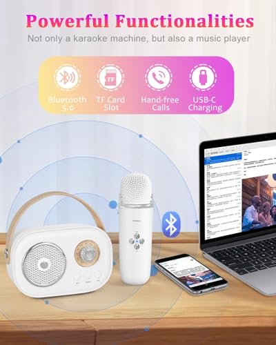 PRUNUS C20 Mini Karaoke Machine,Portable Bluetooth Speaker with 2 Wireless Microphone for Boys Girls 3-12+ Years Old Birthday Party White - color: C20-White