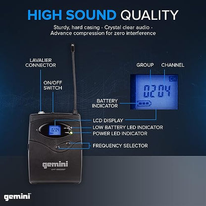 Gemini UHF Wireless Headset & Lavalier Mic System, 240 ft (UHF-6100HL) | UHF headset & lavalier mic, 512-537.5 MHz selectable - auto SYNC pairing - LCD display - balanced XLR & 1/4" outputs, 1U rack - style: Single Wireless Headset Mic System