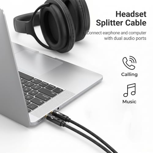 Headphone Splitter for Computer, 3.5mm Female to 2 Dual 3.5mm | Audio Splitter, 1 in 2 Y Separator, Mic and Headphone Jack Adapter Cable, for Headset Gaming Computer Laptop