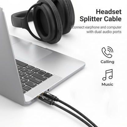 Headphone Splitter for Computer, 3.5mm Female to 2 Dual 3.5mm | Audio Splitter, 1 in 2 Y Separator, Mic and Headphone Jack Adapter Cable, for Headset Gaming Computer Laptop