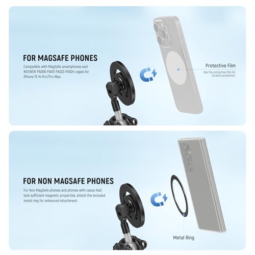 NEEWER Magnetic Flex Phone Tripod Compatible with MagSafe iPhone Android | TP33 Flexible Phone Tripod, Mini Vlog Cellphone Stand with Ball Head, for Stroller Bike Motorcycle Tube Round Objects - style: TP33