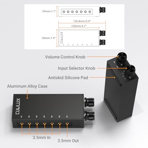 3.5mm 6-in-1 Stereo Audio Switcher with Volume Control & Mute, 6 Input to 1 Output Audio Selector Box for Headphones, Speakers, Laptop, PC, Smartphone, and Tablet
