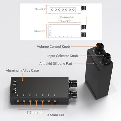 3.5mm 6-in-1 Stereo Audio Switcher with Volume Control & Mute, 6 Input to 1 Output Audio Selector Box for Headphones, Speakers, Laptop, PC, Smartphone, and Tablet