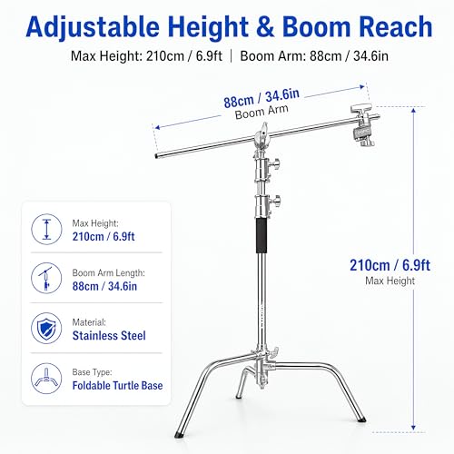 3-Pack Heavy Duty C-Stands Kit, 6.9ft Stainless Steel Stands with 34.6in Boom Arms, 6 Grip Heads and TB-130 Wheeled Rolling Case for Studio Lighting - size: 210CM C Stand 3 Pack with TB-130