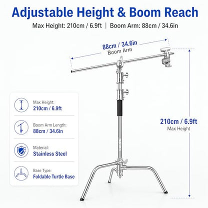 3-Pack Heavy Duty C-Stands Kit, 6.9ft Stainless Steel Stands with 34.6in Boom Arms, 6 Grip Heads and TB-130 Wheeled Rolling Case for Studio Lighting - size: 210CM C Stand 3 Pack with TB-130