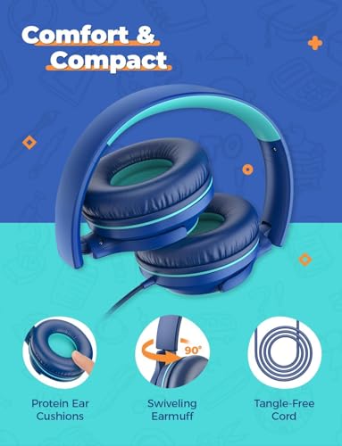 iClever HS22 2-Pack Kids Headphones with Sharing Splitter for School Travel | Share Audio, SafeSound Tech3.0, Tangle-Free, 3.5mm Jack, Foldable, Stereo Sound, Wired Headphones for Kids, Navy Blue & Black - color: Navy Blue & Black