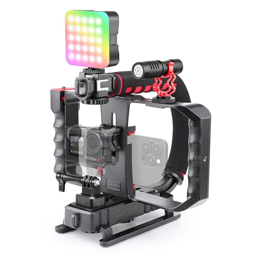 Zeadio Smartphone Camera Stabilizer, All-in-One Video Rig Kit with Phone Cage, RGB Video Light, Microphone, Action Camera Adapter, Compatible with Smartphones, Action Camera, DSLR, Cameras etc - style: Pro Kit