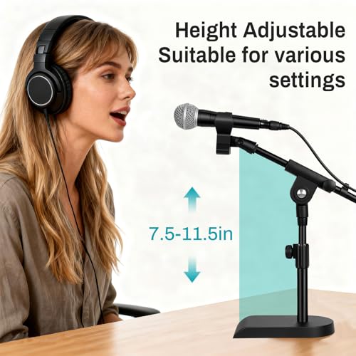 AODSK Desktop Microphone Stand,Height-Adjustable,Compatible with Most Mics | Includes Mic Clip, 5/8"-To-3/8" Adapter, Non-Slip Base, and Height-Adjustable, Perfect for Streaming, Vocals, Studio Use