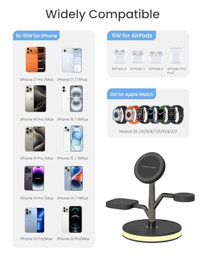 Wireless Charger, 3 in 1 Magnetic Charging Station for Apple Device | Fast Charging Tree-Shaped Stand with 20W Adapter, Qi-Certified Charger for iPhone 12-17 Series, Apple Watch, AirPods