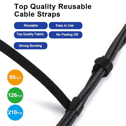 Nettbe Reusable Cable Ties, 60 PCS 8 Inches Adjustable Cord Straps Wire Organizer Cord Wrap and Hook Loop Cable Management - size: 8inches-60PCS