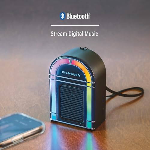 Crosley CR3046A-BK Mini Jukebox Portable Bluetooth Speaker, Black | Bluetooth In, 5 Color-Changing Light Modes, LED Lights Sync with Music, Rechargeable Lithium-Ion Battery - color: Black