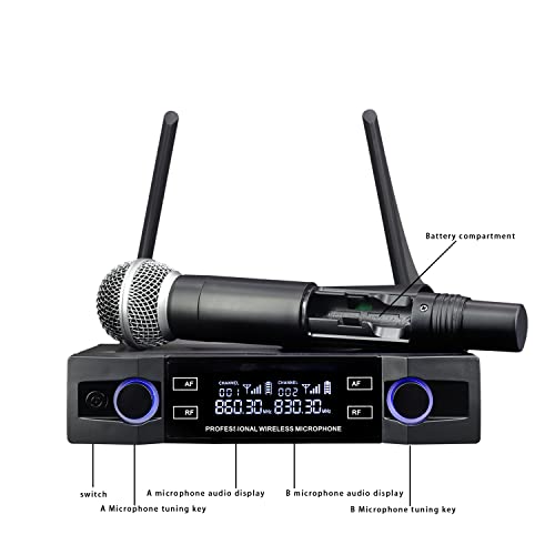 Wireless Microphone, Dual Channel Professional Cordless Dynamic Wireless Microphone, Handheld Wireless Microphone System for Home Karaoke, conferences, Parties, Churches, Weddings, Parties, 160 ft