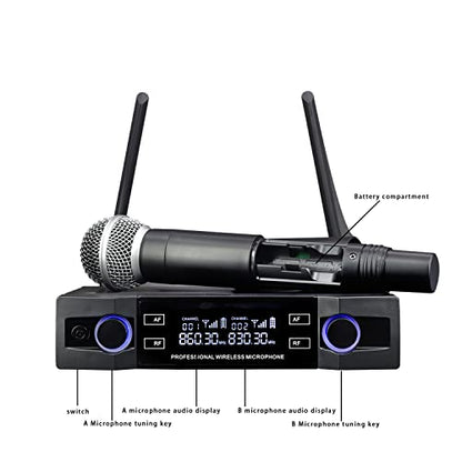 Wireless Microphone, Dual Channel Professional Cordless Dynamic Wireless Microphone, Handheld Wireless Microphone System for Home Karaoke, conferences, Parties, Churches, Weddings, Parties, 160 ft