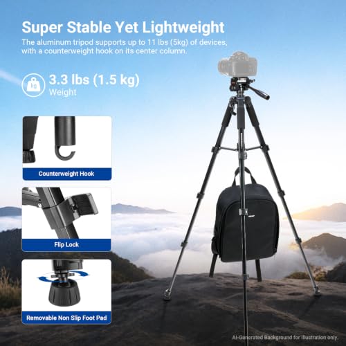NEEWER Basics TP56 Camera Tripod, 74" Tripod with Cell Phone Holder Mount | Compatible with iPhone for Video Recording, Professional Aluminum Lightweight Portable Travel Stand, 3 Way Pan Tilt Head - style: TP56