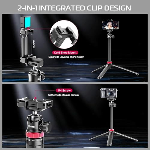 ULANZI MT-44 Auto Open Phone Tripod, 59" Extendable Selfie Stick Vlog Stand | 2-in-1 Phone Clip, Cold Shoe, 360° Ball Head Camera Tripod for iPhone Sony DJI Osmo Pocket 4 Nano Luna, Portable for Travel - color: BLACK