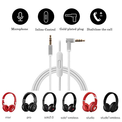 cipher Replacement Audio Cable Cord Wire,Compatible with Beats Headphones Studio Solo Pro Detox Mixr Executive Pill with in Line Mic and Control (White) - color: White